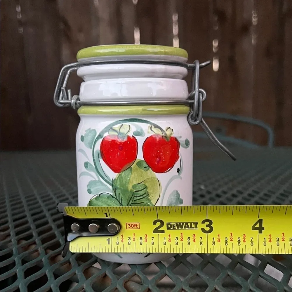 Vintage Italian Red and Green Strawberry Hinged Ceramic Jar Canister with Lid